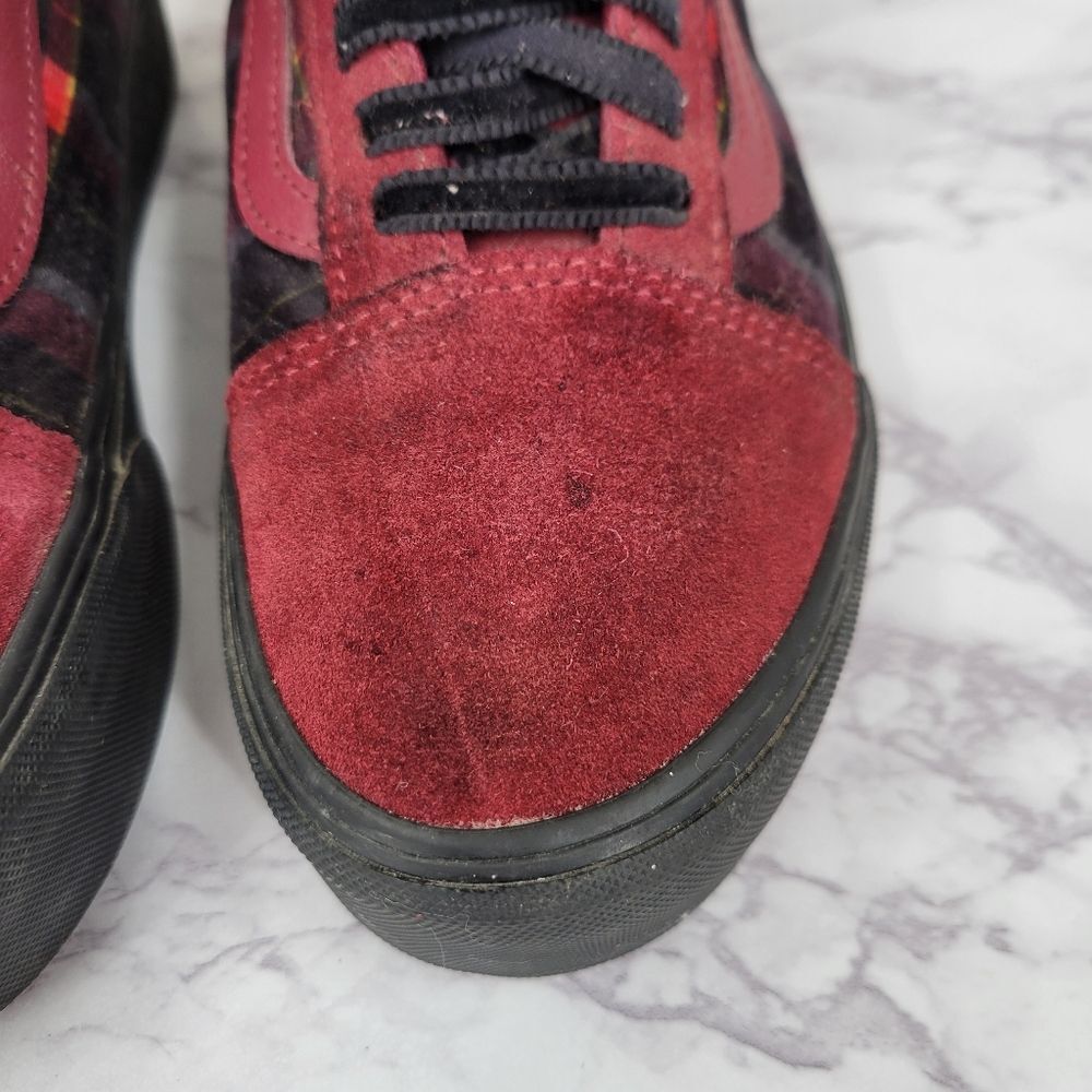 VANS Old Skool Stackform Shoes Red Suede Red & Black Plaid Platform Sneakers - Picture 3 of 13